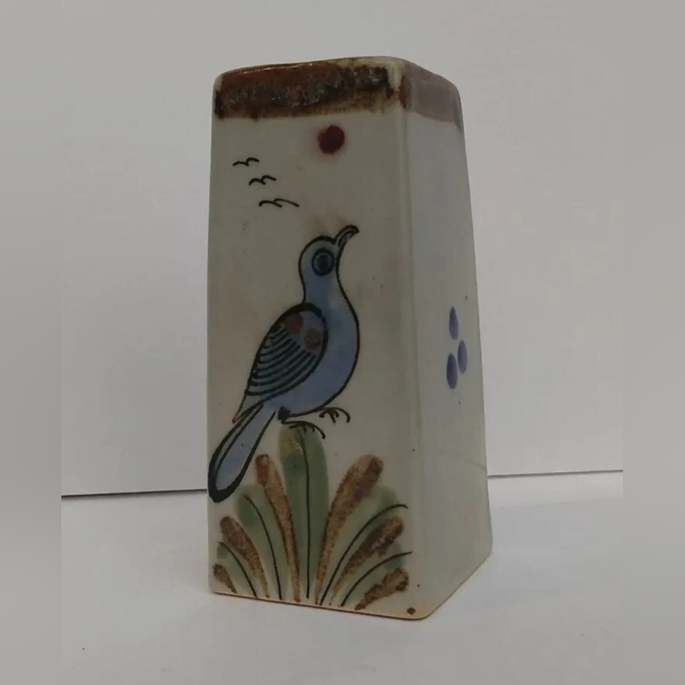 Vintage Tonala BIRD square vase Mexico Folk Art Pottery blue brown rustic Boho
